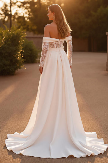 Ivory Stretch Satin A Line Off the Shoulder Sweep Train Wedding Dress with Lace